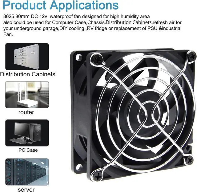 Alt view image 7 of 7 - IP68 80mm 8cm Waterproof Dustproof DC 12V Cooling Fan 80X80X25mm Dual Ball Bearing 3-Pin PC Computer Chassis PSU SXDOOL SXD8025M12B