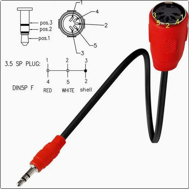 Main image of MIDI to TRS 3.5mm rotary DIN 5P female audio plug to MIDI audio adapter  straight head Red 1.5m