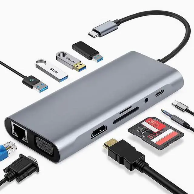 Main image of 12-in-1 TYPE-C to dual HDMI 4K VGA port USB3.0 HUB converter Gigabit network port 11 in 1