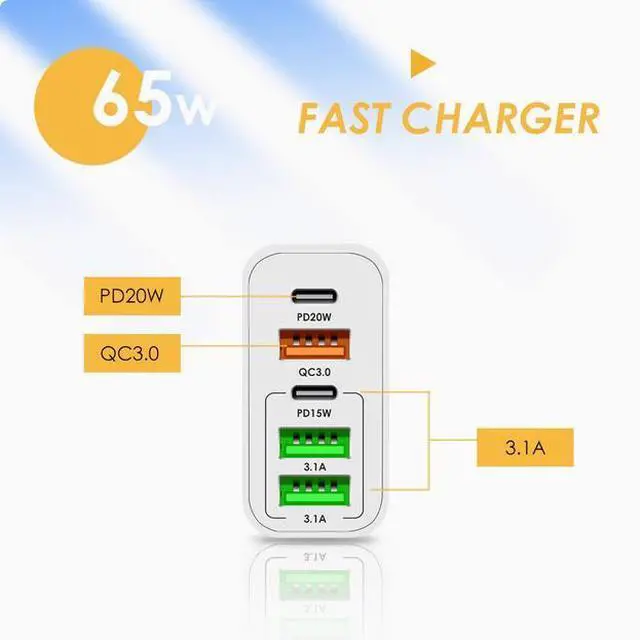 Alt view image 2 of 2 - 65W multi-port dual PD charger 3USB fast charge for Apple Android Huawei Xiaomi TypeC charging head White