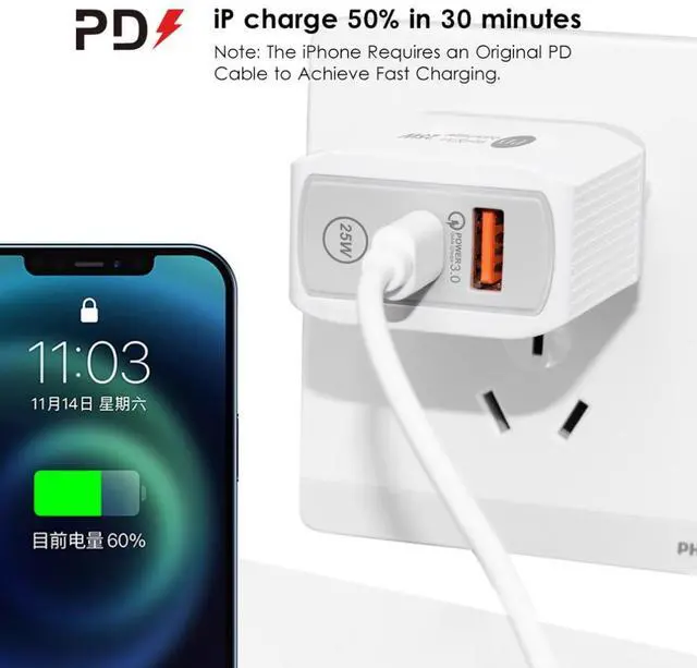 Alt view image 2 of 2 - PD+USB Fast charging 25W charger type-c for iPhone 15/14/11 Apple 12/13 fast charging head