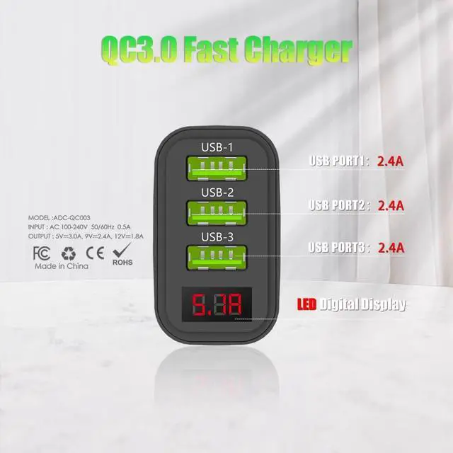 Alt view image 3 of 3 - 3USB Multi-interface US standard charging head mobile phone charger fast charge with screen number display 3 for Apple 15/16 ProMax