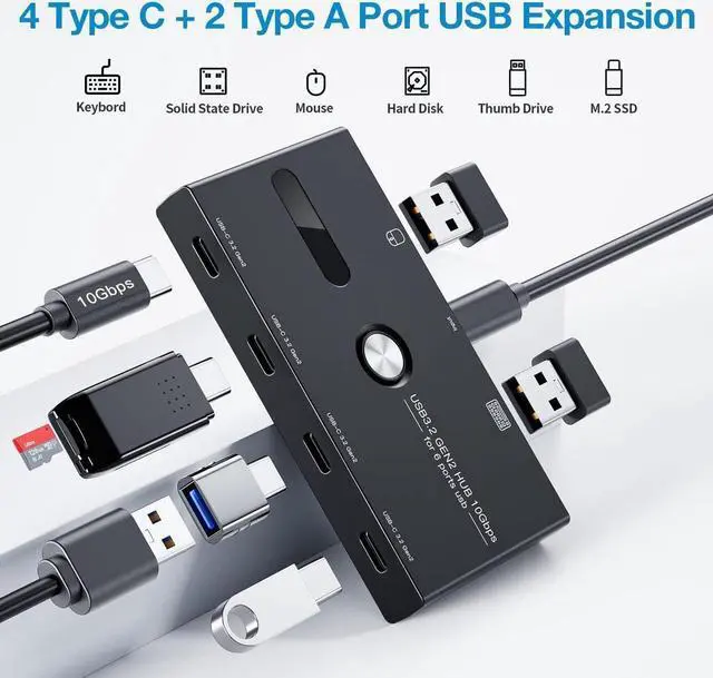 Alt view image 2 of 7 - 10Gbps USB 3.2 Gen 2 USB C Hub, 6 Ports USB C Splitter, USB C to USB C and USB A Hub for PC, Laptop, Mac-Book Pro/Air, i-Mac, Surface Pro, Chro-m-e-book, Etc (HUB ONLY, Not Support Charging/Monitor)