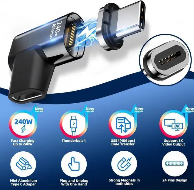 Alt view image 2 of 6 - 240W USB C Magnetic Adapter, [2 Pack] Magnetic USB C Adapter Right Angle 24Pin with USB 4 40Gbps 8K 60Hz Type-C Adapter for i-Phone 15 Series, Thunderbolt 3/4, MacBook Pro/Air and More Type C Devices