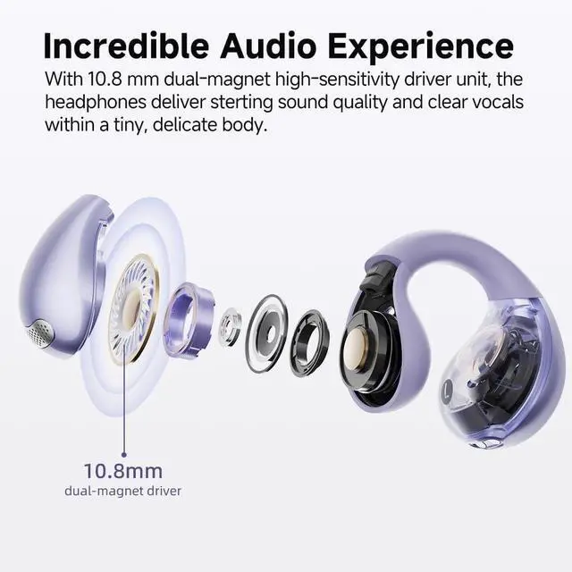 Alt view image 3 of 4 - QCY Crossky C30 Open Ear Headphones Wireless Bluetooth, Clip-On Earbuds with 4 ENC Noise Cancelling Mic, Stable Fit, Dual Connection, EQ Customized, Sports Earphones for Workout/Running Purple