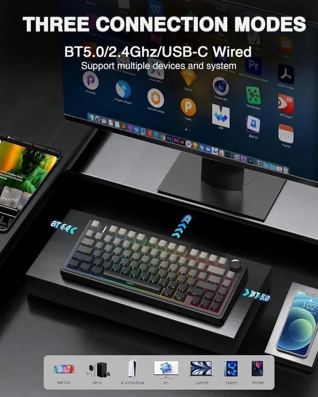 Alt view image 3 of 7 - AULA F75 Pro Wireless Mechanical Keyboard,75% Gasket Hot Swappable Custom Keyboard,RGB Backlit,Pre-lubed Reaper Switches,Side Printed PBT Keycaps,2.4GHz/USB-C/BT5.0 Mechanical Gaming Keyboard