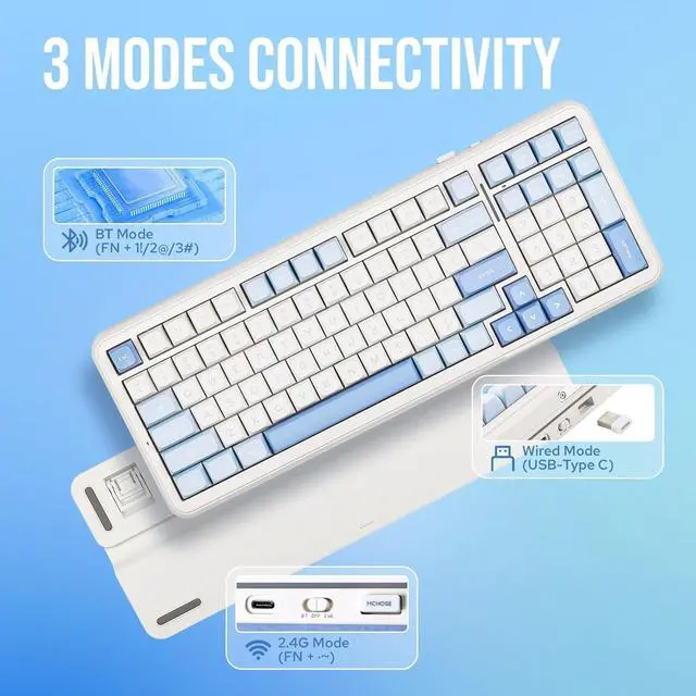 Alt view image 3 of 6 - MCHOSE K99 96% Wireless Gaming Keyboard, Gasket Mechanical Keyboard, BT5.0/USB-C/2.4GHz Wireless Creamy keyboard, with 6-Layer Padding, 6000mAh Battery, Hot Swappable, NKRO for Win/Mac/Linux