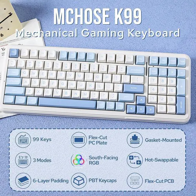 Alt view image 2 of 6 - MCHOSE K99 96% Wireless Gaming Keyboard, Gasket Mechanical Keyboard, BT5.0/USB-C/2.4GHz Wireless Creamy keyboard, with 6-Layer Padding, 6000mAh Battery, Hot Swappable, NKRO for Win/Mac/Linux