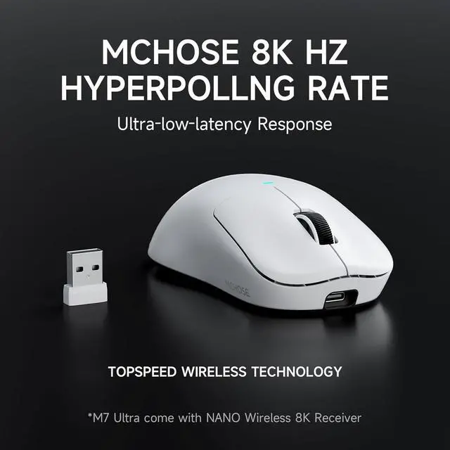 Alt view image 3 of 7 - MCHOSE M7 Ultra Wireless Gaming Mouse, 8K Polling, 55g Lightweight Ergonomic Computer Mouse PAW3950 Optical Sensor 750 IPS 26000 DPI 6 Programmable Controls USB-C 3-Modes PC/Mac White