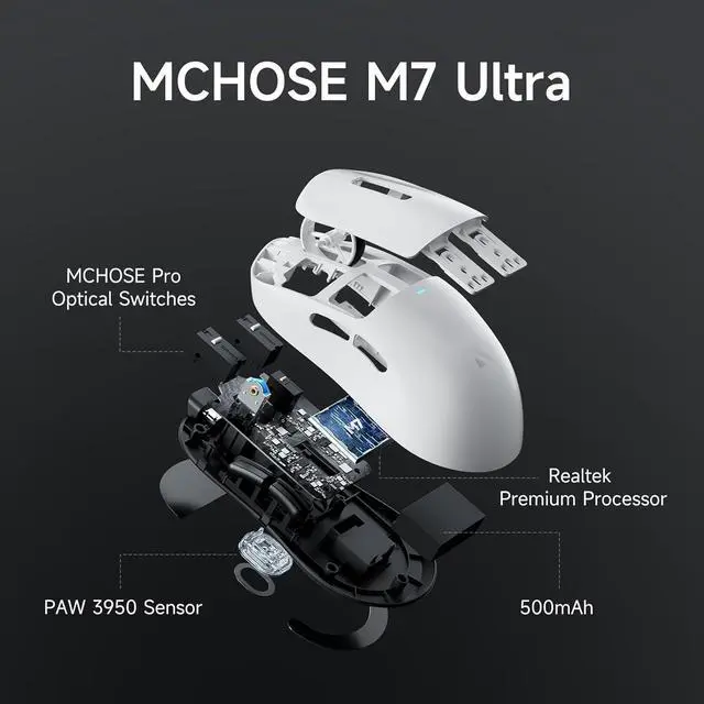 Alt view image 4 of 7 - MCHOSE M7 Ultra Wireless Gaming Mouse, 8K Polling, 55g Lightweight Ergonomic Computer Mouse PAW3950 Optical Sensor 750 IPS 26000 DPI 6 Programmable Controls USB-C 3-Modes PC/Mac White