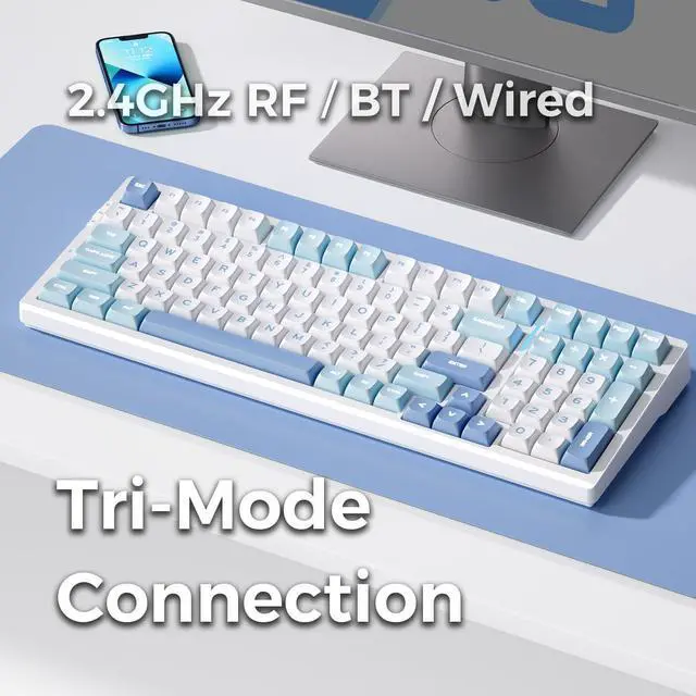 Alt view image 3 of 6 - MCHOSE  G98 POR Wireless Mechanical Keyboard, 98 Keys, Gasket Mounted, Five Layers Dampening, RGB Backlit, 2.4GHz/BT/Wired Tri-Mode, Hot Swappable (Blue, Cabbage Tofu Switch)