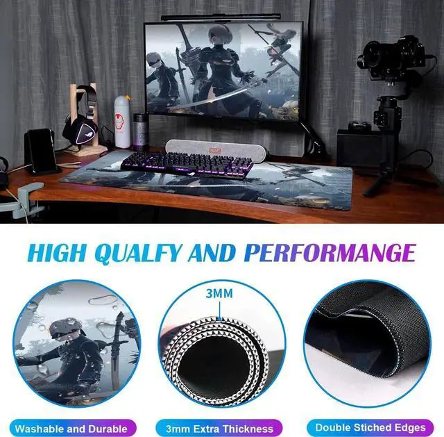 Alt view image 3 of 5 - Anime Large Gaming Mouse Pad Extended Full Desktop Anti-Slip Mouse Pad 35.4 x 15.7 x 0.12 Inch with Stitched Edge Waterproof Keyboard Pad for Office and Home
