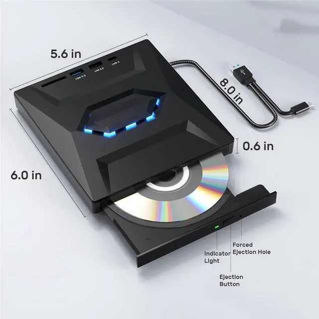 Alt view image 7 of 7 - [5-in-1] External CD DVD Drive, USB C USB 3.0 Portable CD/DVD +/-RW Drive/DVD Player with SD Card Reader USB 3.0 USB C Hub CD ROM Burner Compatible with Laptop Desktop PC Windows Linux MacOS (Black)