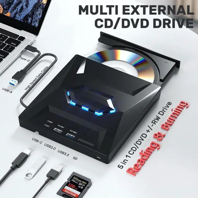 Alt view image 2 of 7 - [5-in-1] External CD DVD Drive, USB C USB 3.0 Portable CD/DVD +/-RW Drive/DVD Player with SD Card Reader USB 3.0 USB C Hub CD ROM Burner Compatible with Laptop Desktop PC Windows Linux MacOS (Black)