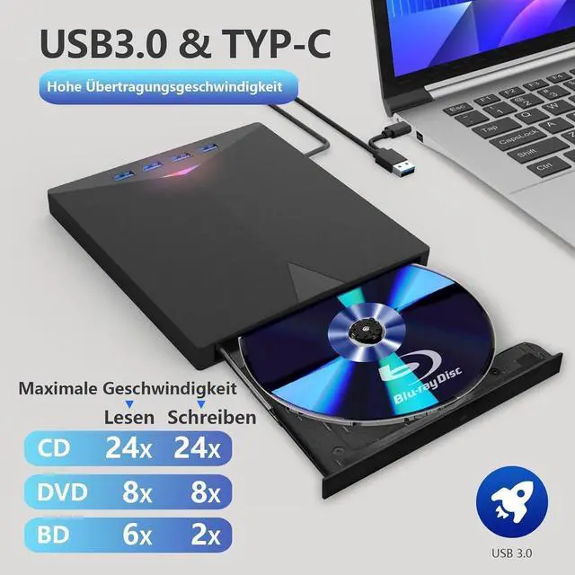 Alt view image 3 of 7 - External Blu ray Drive, [7-in-1] External CD/DVD Drive, USB 3.0 Type-C 3D Blu RAL Drive, DVD/BD Player Read/Write Portable Blu-ray Drive for Laptop Windows MacBook Desktop PC