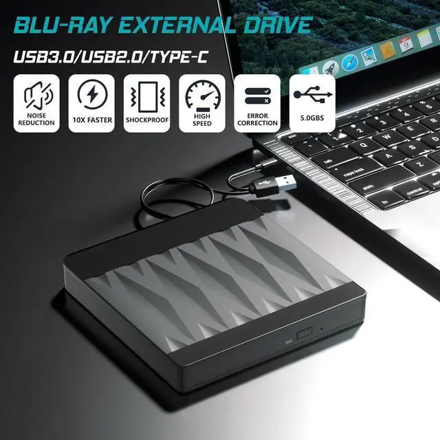 Alt view image 2 of 7 - External Blu Ray Drive, USB 3.0 and Type-C External Blu Ray Burner Portable Blu Ray DVD/CD/BD Player, 3D Optical Bluray CD DVD Drive Compatible with Windows XP/7/8/10/11 MacOS Laptop Desktop