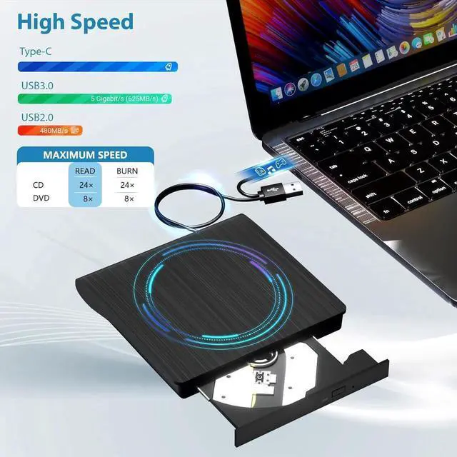 Alt view image 4 of 7 - External CD DVD Drive, USB 3.0 & TYPE C Portable CD DVD +/-RW Drive, CD/DVD ROM Player Burner Reader Writer Rewriter Optical Disc Drive for Laptop Desktop PC, Windows 11/10/8/7, Apple Mac, Linux OS