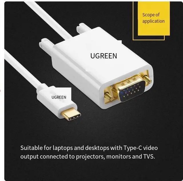 Alt view image 3 of 4 - UGreen TypeC to VGA adapter Laptop connected to projector display TV projection screen with screen 1080P HD 60Hz video converter for desktop computer phablet mobile phone  1.5M