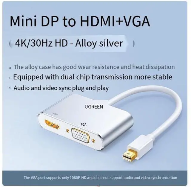 Main image of UGREEN MiniDP to(HDMI+VGA4K30Hz/1080P60Hz)- Silver suitable for Apple Computer converter projector port macbook pro/air HD surface connected to laptop TV lightning adapter cable