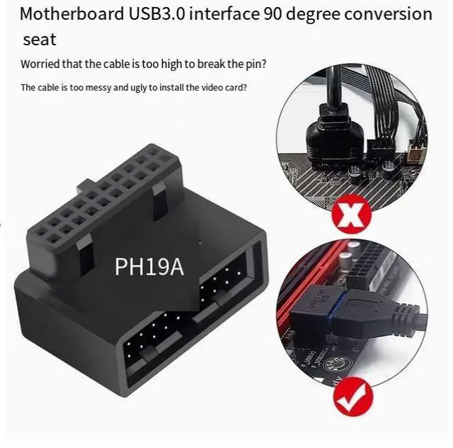 Alt view image 4 of 6 - 2PACK Desktop computer motherboard USB3.0 19/20P socket 90 degree steering head cable wizard with housing