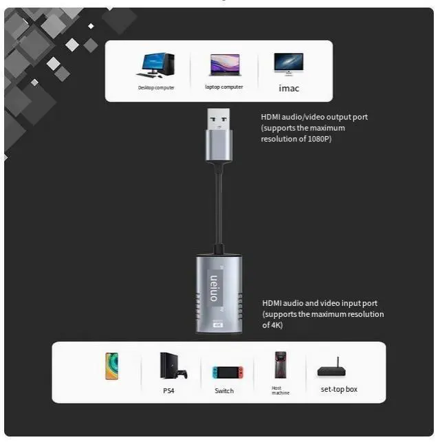 Alt view image 4 of 6 - ONTEN 4K usb video capture card for live recording, HDMI 1080P high-definition camera, switch/PS4/xbox/NS game console, laptop camera, Nintendo video, DSLR, mobile phone 4