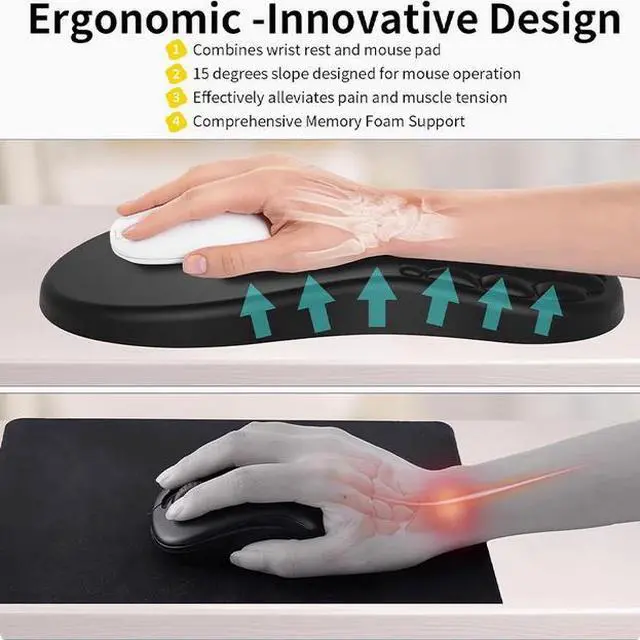 Alt view image 4 of 5 - Ergonomic Joint Wrist Support Mouse Pad with Memory Foam Cushion Massage Bump, Carpal Tunnel Pain Relief Mousepad Slope Design for Wrist Rest, 11.8x7.9 in, Black