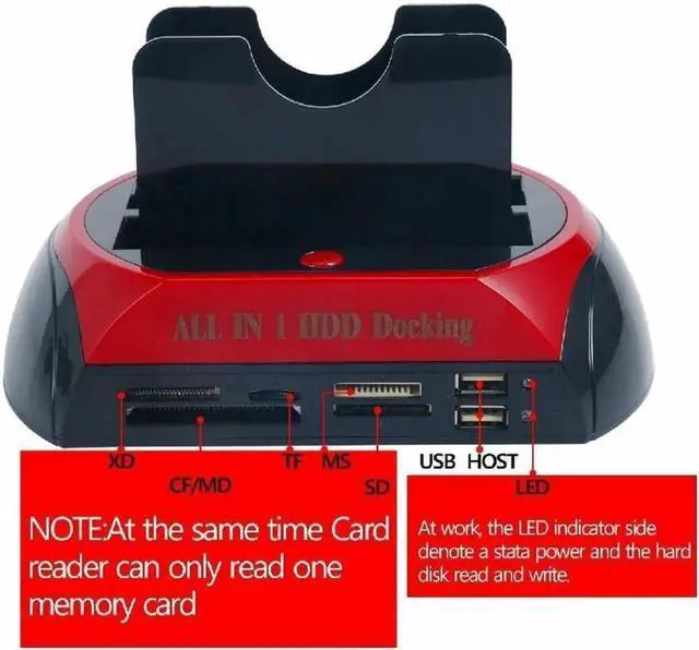 Alt view image 2 of 7 - Hard Drive Docking Station For SATA and IDE, USB to 2.5/3.5 Inch SATA IDE Dual bay External Enclosure, All in 1 Card Reader XD/TF/MS/CF/ SD card, USB Hub function. for 2.5" 3.5" IDE SATA I/II/III HDD