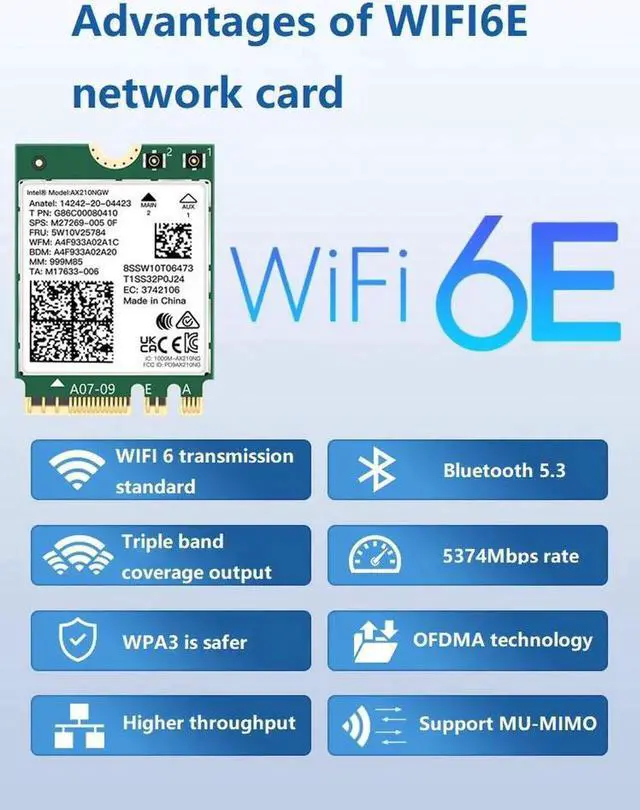 Alt view image 5 of 7 - WiFi 6E AX210 NGW Wireless Card, Expand to Tri-Band 6GHz/5GHz/2.4GHz M.2 NGFF Wireless Bluetooth 5.3, AX210 WiFi Chip, Includes Ipex Cable, 8dBi Antennas and Brackets Support Windows 10/11(64 bit)