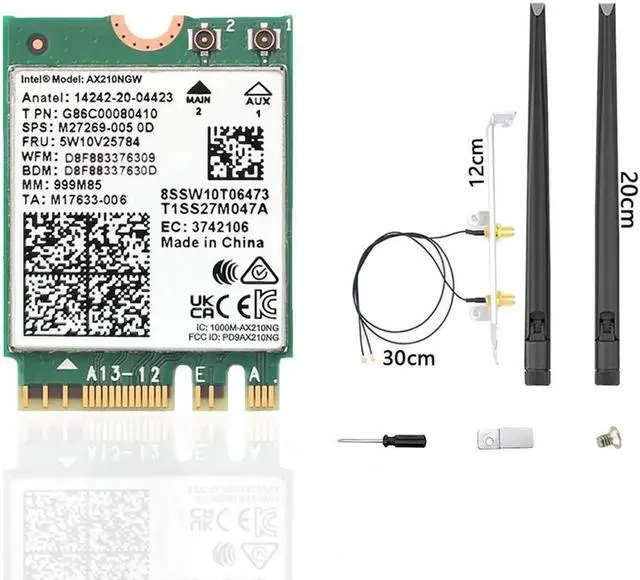 Main image of WiFi 6E AX210 NGW Wireless Card, Expand to Tri-Band 6GHz/5GHz/2.4GHz M.2 NGFF Wireless Bluetooth 5.3, AX210 WiFi Chip, Includes Ipex Cable, 8dBi Antennas and Brackets Support Windows 10/11(64 bit)