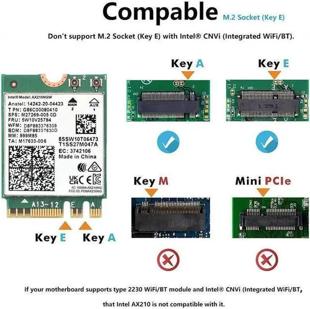 Alt view image 2 of 7 - WiFi 6E AX210 NGW Wireless Card, Expand to Tri-Band 6GHz/5GHz/2.4GHz M.2 NGFF Wireless Bluetooth 5.3, AX210 WiFi Chip, Includes Ipex Cable, 8dBi Antennas and Brackets Support Windows 10/11(64 bit)