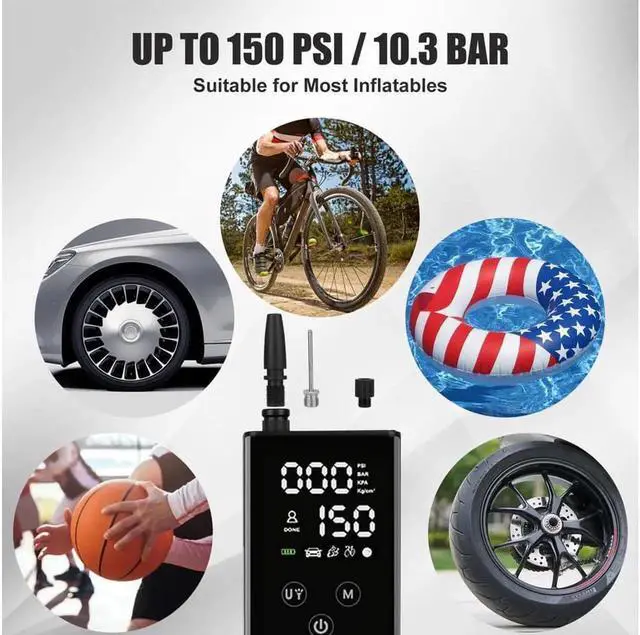 Alt view image 4 of 7 - Portable Air Compressor Cordless Tire Inflator, Rechargeable Handheld 150 PSI Tire Inflator Car Air Pump with LED Flash Light, 4000mAh Battery, Auto Stop