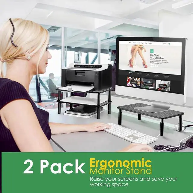 Alt view image 2 of 7 - 2 Pack Desktop Riser, 3 Height Adjustable Monitor Stands for 2 Monitors, PC, Computer, Printer, iMac, Desktop Monitor Stand with Ventilated Platform for Airflow