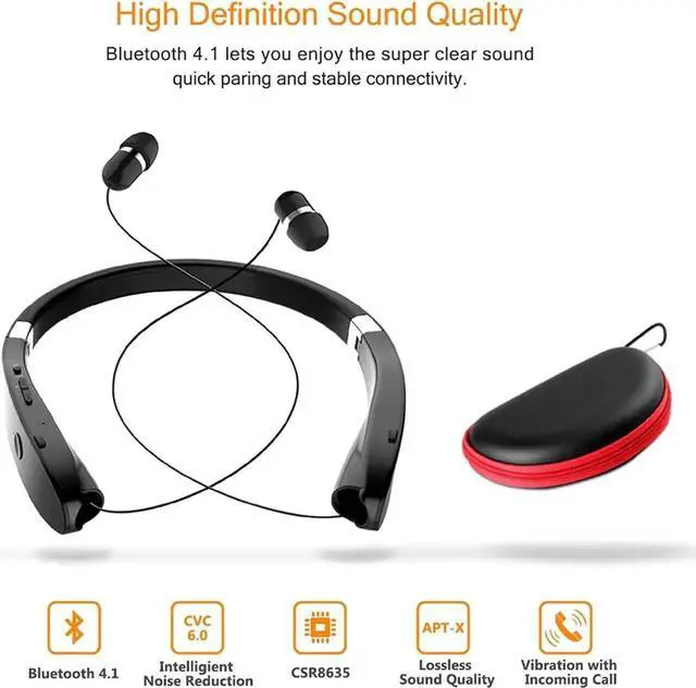 Alt view image 4 of 6 - Foldable Bluetooth Headset, Lightweight Retractable Bluetooth Headphones for Sports&Exercise, Noise Cancelling Stereo Neckband Wireless Headset (with carry case)