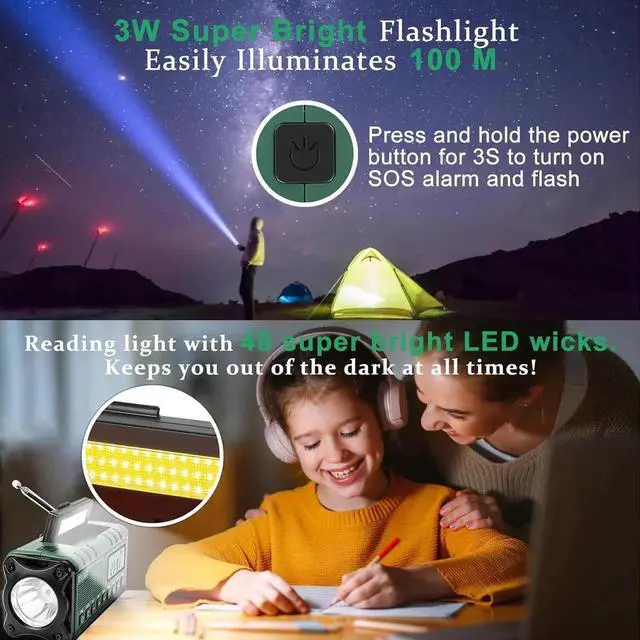 Alt view image 3 of 7 - Auto NOAA Alert Digital Weather Radio 10000 Solar Hand Crank AM FM Shortwave Portable Battery Operated Emergency Survival Radio with Camping Flashlight,Reading Lamp,USB Charger,SOS,Clock,LCD Display