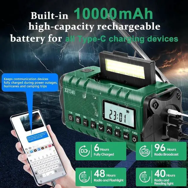 Main image of Auto NOAA Alert Digital Weather Radio 10000 Solar Hand Crank AM FM Shortwave Portable Battery Operated Emergency Survival Radio with Camping Flashlight,Reading Lamp,USB Charger,SOS,Clock,LCD Display