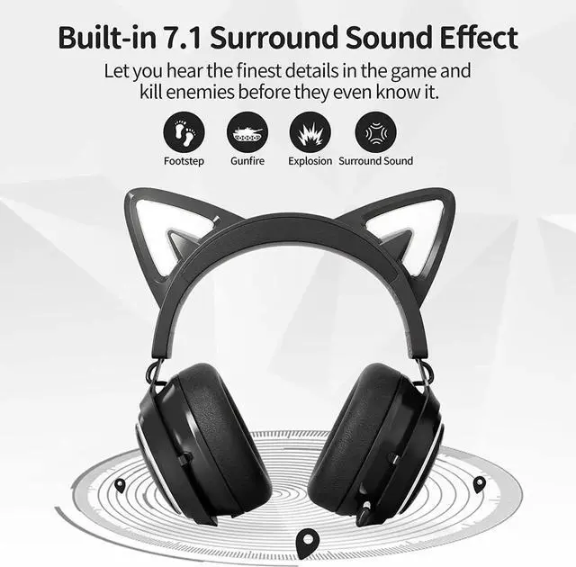 Alt view image 4 of 6 - Cat Ear Headset, USB Gaming Headset with Retractable Mic, 7.1 Surround Sound, RGB Lighting, Wired Headset for PC, PS4, PS5 - Black