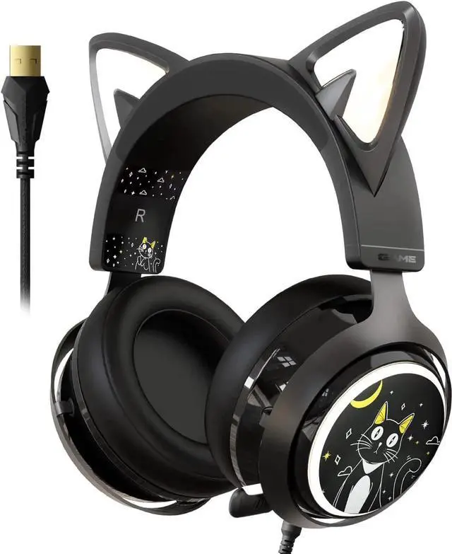 Main image of Cat Ear Headset, USB Gaming Headset with Retractable Mic, 7.1 Surround Sound, RGB Lighting, Wired Headset for PC, PS4, PS5 - Black