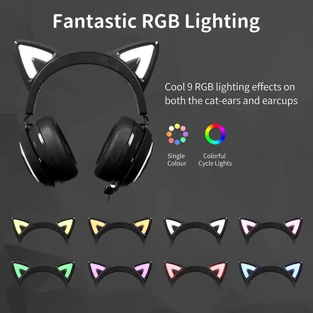 Alt view image 2 of 6 - Cat Ear Headset, USB Gaming Headset with Retractable Mic, 7.1 Surround Sound, RGB Lighting, Wired Headset for PC, PS4, PS5 - Black