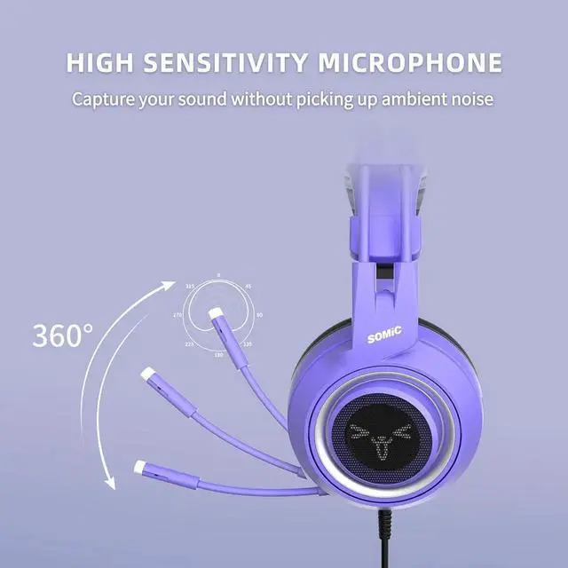 Alt view image 6 of 7 - Cat Ear Headset, USB Gaming Headset with Retractable Mic, 7.1 Surround Sound, RGB Lighting, Wired Headset for PC, PS4, PS5 - Black Purple