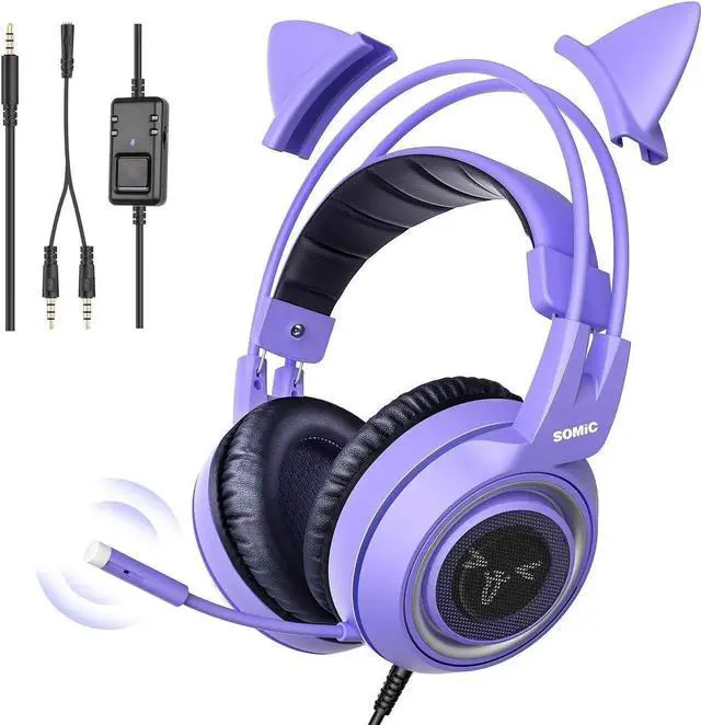 Main image of Cat Ear Headset, USB Gaming Headset with Retractable Mic, 7.1 Surround Sound, RGB Lighting, Wired Headset for PC, PS4, PS5 - Black Purple
