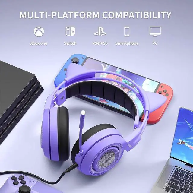 Alt view image 4 of 7 - Cat Ear Headset, USB Gaming Headset with Retractable Mic, 7.1 Surround Sound, RGB Lighting, Wired Headset for PC, PS4, PS5 - Black Purple