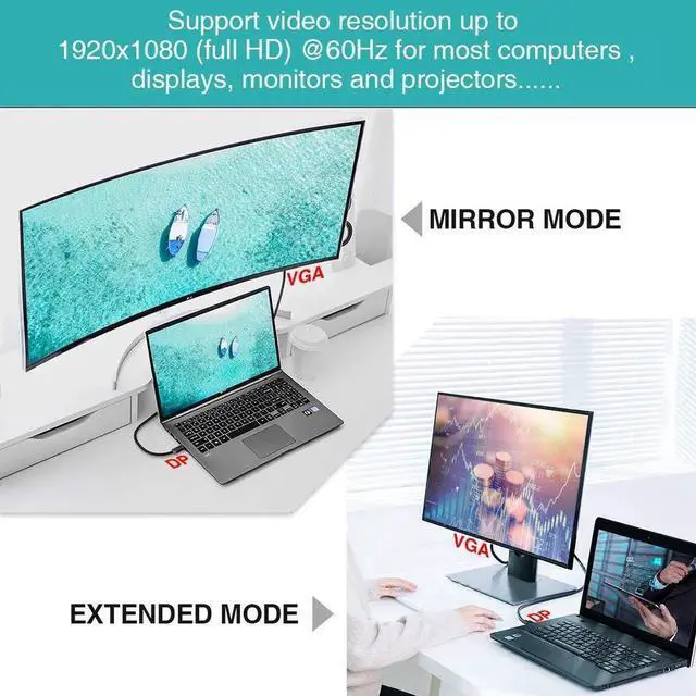 Alt view image 6 of 6 - DisplayPort to VGA, DisplayPort to VGA Adapter 6 Feet DP to VGA Cable Connects DP Port from Desktop or Laptop to Monitor or Projector with VGA Port 2-Pack