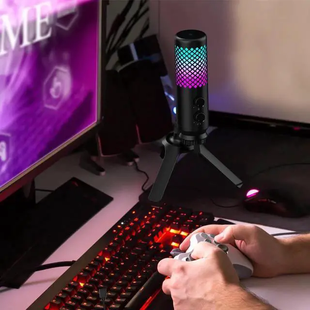 Alt view image 4 of 6 - USB RGB Gaming Microphone for PS5, VeGue PC Condenser Mic with Adjustable Tripod Stand, Quick Mute, No-Latency Monitor