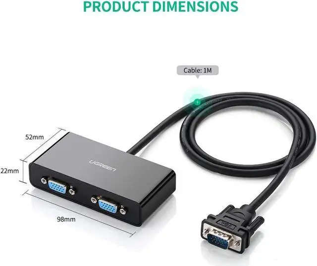 Alt view image 7 of 7 - UGREEN VGA Splitter 1 in 2 Out Monitor Y Cable One Male to Two Female VGA SVGA Port with 1M Cable Support 1080P 60Hz for Laptop PC to Monitor Projector Two Display Screen - NOT Support Extended Mode