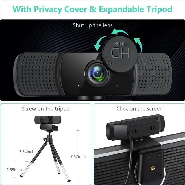 Alt view image 7 of 7 - Tw8 Webcam with Microphone, 1080P Full HD Computer Camera for PC with Cover, Expandable Tripod, USB Web Camera with Cover for Video Calls, Streaming, Skype, Zoom, Teleconference