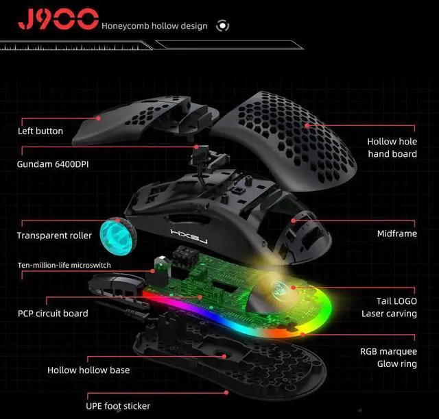 Alt view image 4 of 7 - Programmable RGB Gaming Mouse, 6 DPI (1000/1600/2400/3200/4800/6400) 96g Ultra Lightweight Honeycomb Optical LED Wired Mouse with Programmable 6 Keys RGB Marquee Effect Light