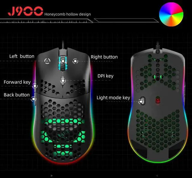 Alt view image 2 of 7 - Programmable RGB Gaming Mouse, 6 DPI (1000/1600/2400/3200/4800/6400) 96g Ultra Lightweight Honeycomb Optical LED Wired Mouse with Programmable 6 Keys RGB Marquee Effect Light