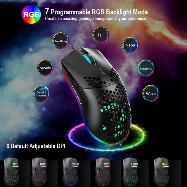 Alt view image 3 of 7 - Programmable RGB Gaming Mouse, 6 DPI (1000/1600/2400/3200/4800/6400) 96g Ultra Lightweight Honeycomb Optical LED Wired Mouse with Programmable 6 Keys RGB Marquee Effect Light