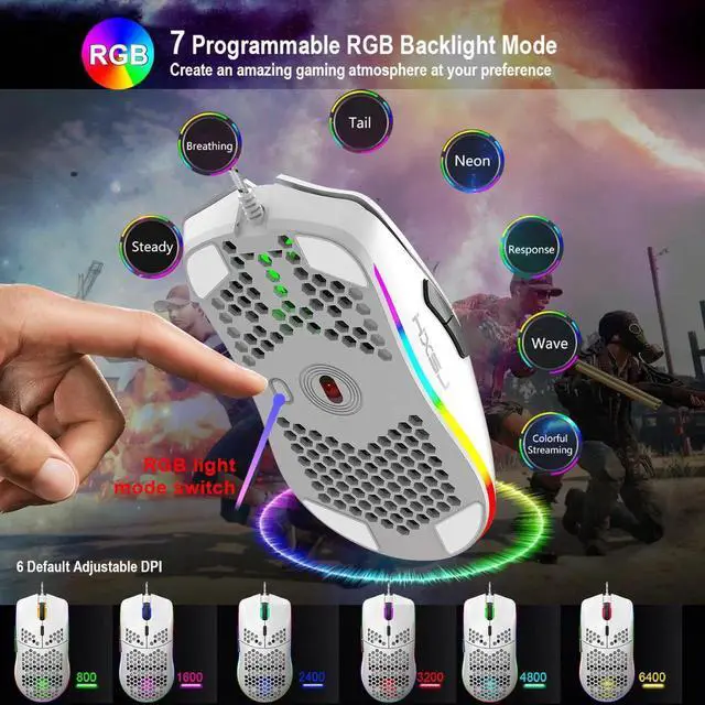 Alt view image 3 of 7 - Programmable RGB Gaming Mouse, 6 DPI (1000/1600/2400/3200/4800/6400) 96g Ultra Lightweight Honeycomb Optical LED Wired Mouse with Programmable 6 Keys RGB Marquee Effect Light White