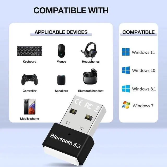 Alt view image 2 of 7 - USB Bluetooth 5.3 Adapter for PC Win11/10/8.1/8/7/XP/Vista, Bluetooth Dongle Receiver/Transmitter Support Multiple Device Connections: Headset, Mouse, Keyboard, Printer, Speaker